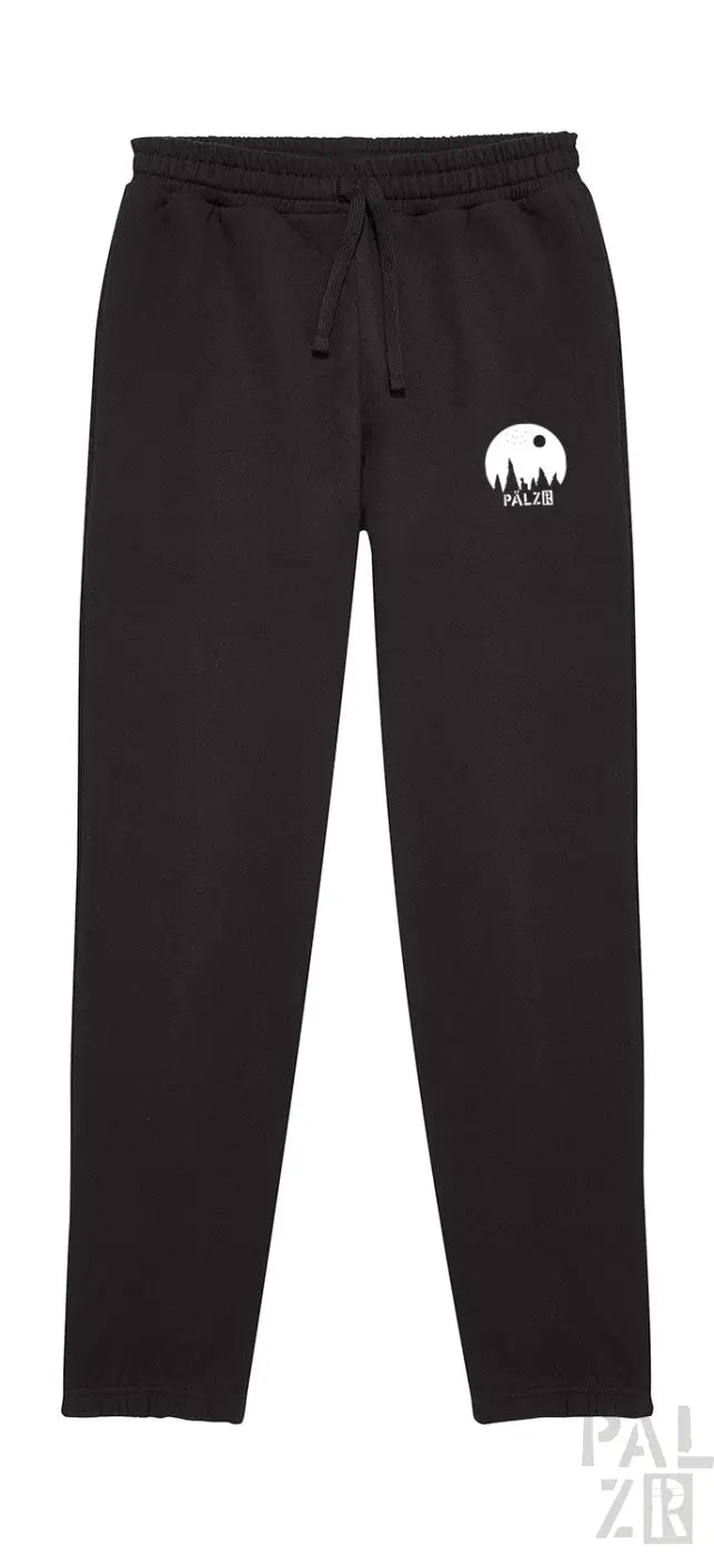 Schwarze Jogginghosen mit weißem Logo und Kordelbund.