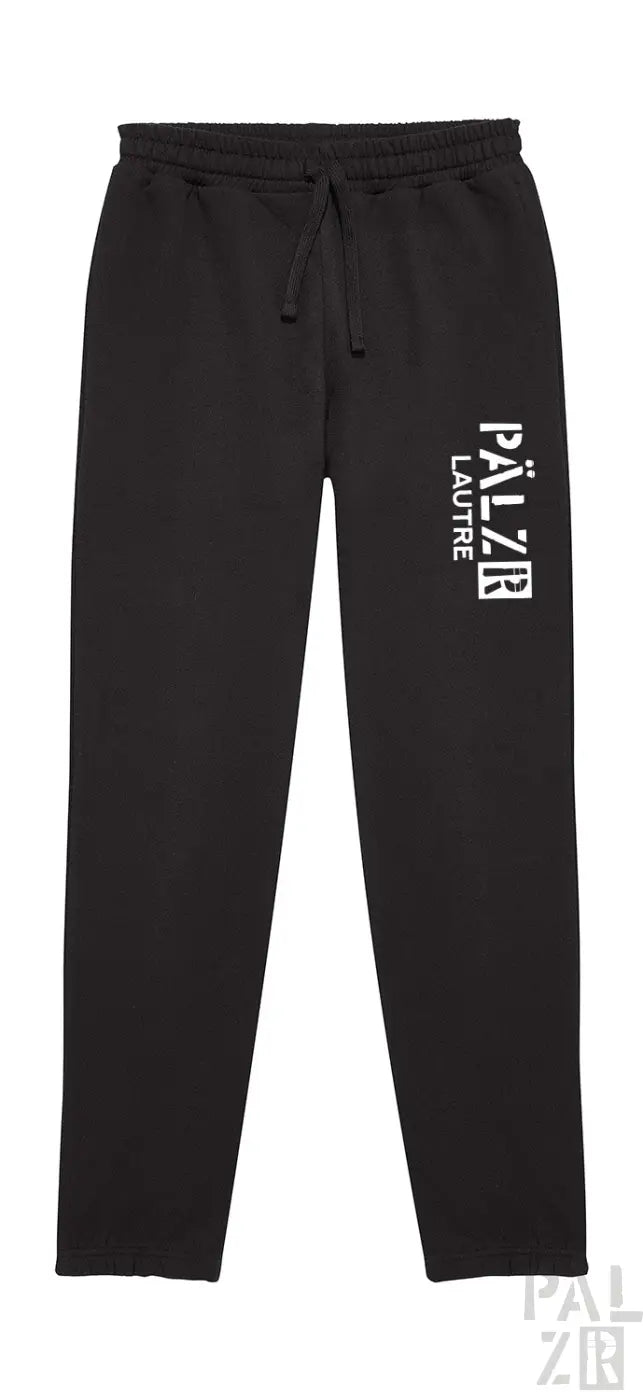 Schwarze Palzr-Sweatpants mit weißem Logo und Kordelzug.