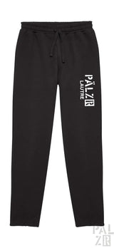 Schwarze Palzr-Sweatpants mit weißem Logo und Kordelzug.