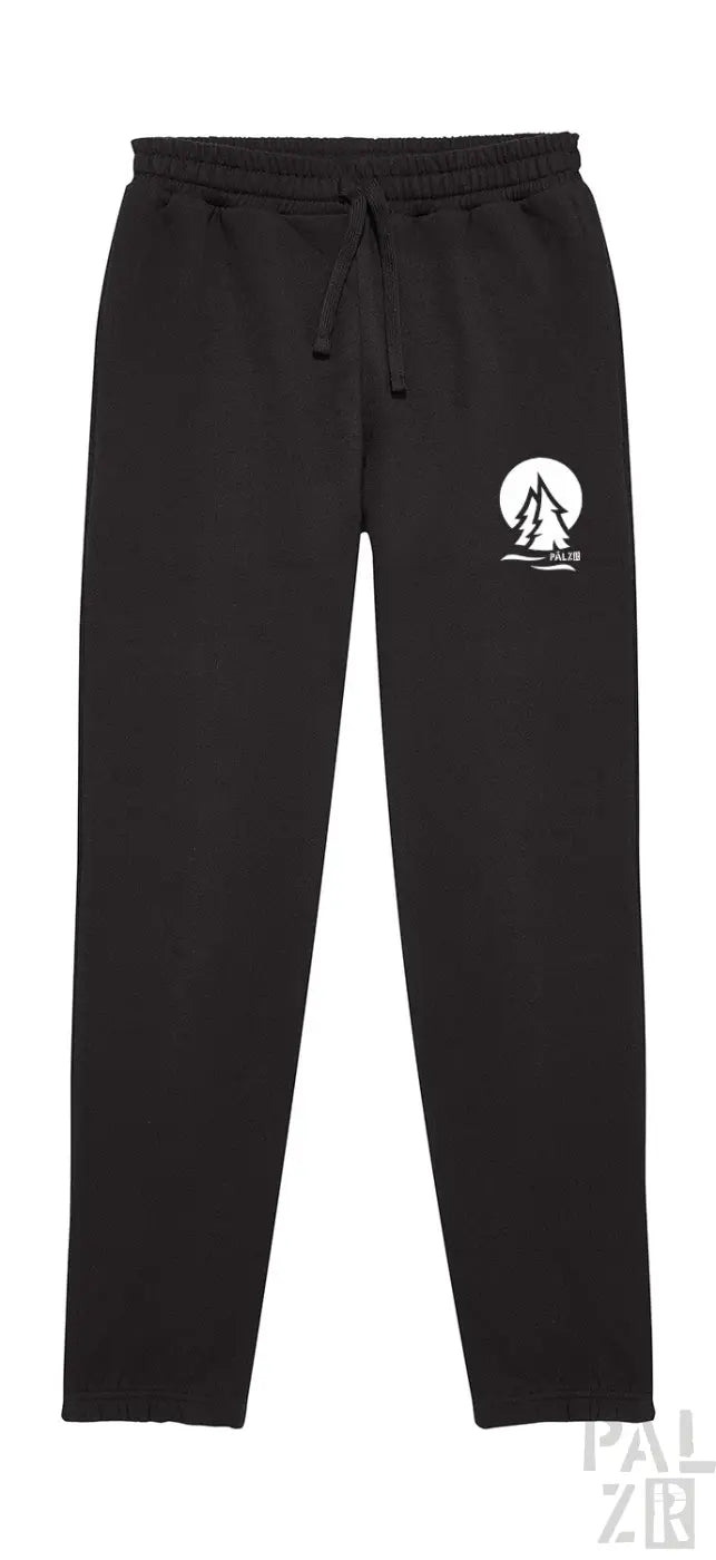 Schwarze Baumwoll-Jogginghosen mit weißem Segelboot-Design auf dem linken Bein.