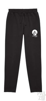 Schwarze Baumwoll-Jogginghosen mit weißem Segelboot-Design auf dem linken Bein.