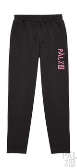 Schwarze Jogginghosen mit pinkem „palzr“-Logo am Bein.