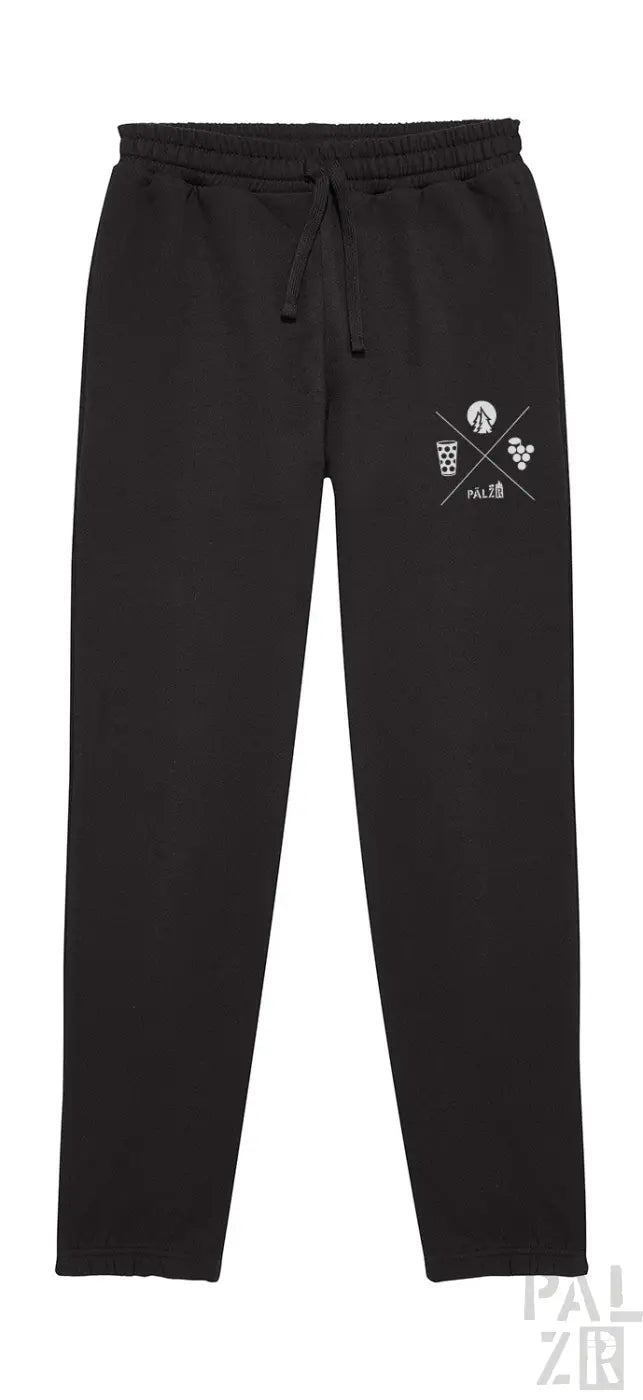 Schwarze Jogginghose mit weißem Grafikdesign auf dem linken Bein.