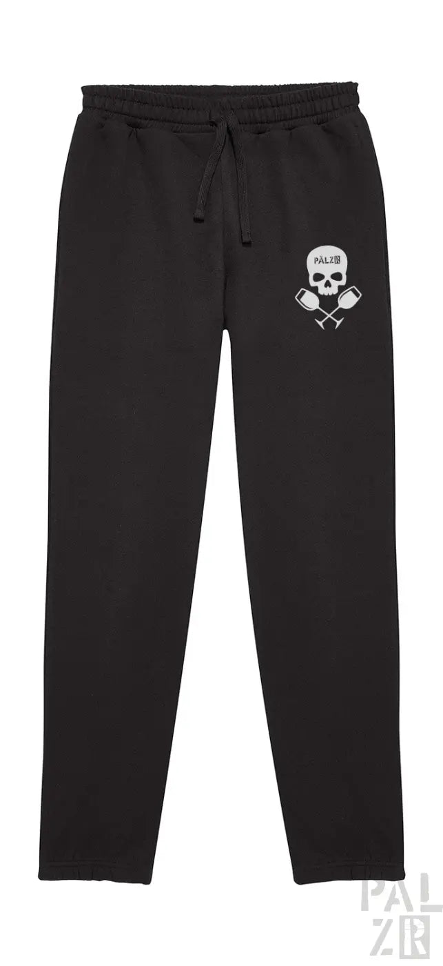 Schwarze Jogginghosen mit Totenkopf- und Kreuzknochen-Design, Baumwollmaterial.