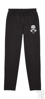 Schwarze Jogginghosen mit Totenkopf- und Kreuzknochen-Design, Baumwollmaterial.