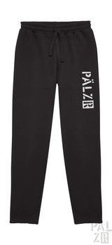Schwarze Jogginghosen mit weißem ’palzr’-Logo auf dem Bein.