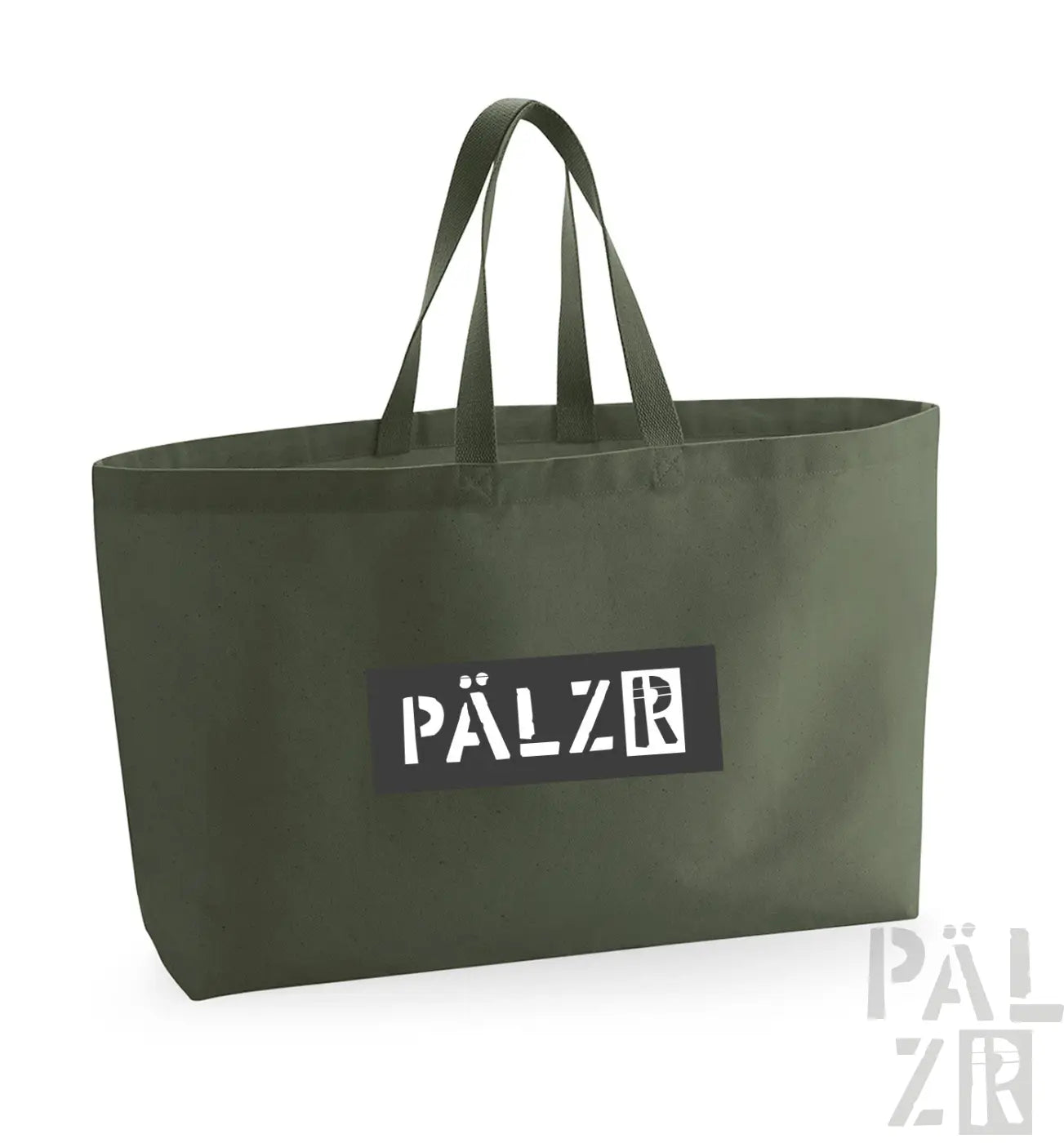 Olivgrüne Umhängetasche mit weißem ‚pälzr‘-Logo und Griffen.