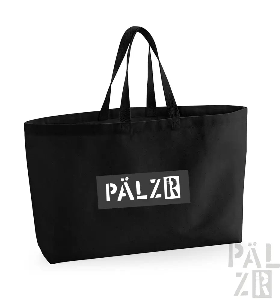 Schwarze Umhängetasche mit weißem ‚pälzr‘-Logo und Griffen.