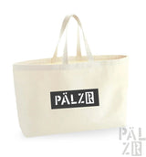 Hellgelbe Tragetasche mit schwarzem ’pälzr’-Logo und Griffen.