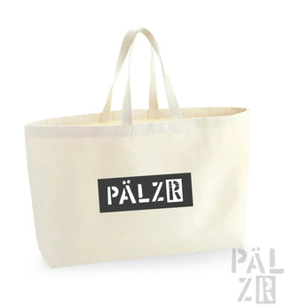 Hellgelbe Tragetasche mit schwarzem ’pälzr’-Logo und Griffen.