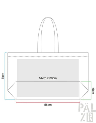 Tragetasche 41 cm x 56 cm mit Henkel, weißer Hintergrund und grünem Rand.