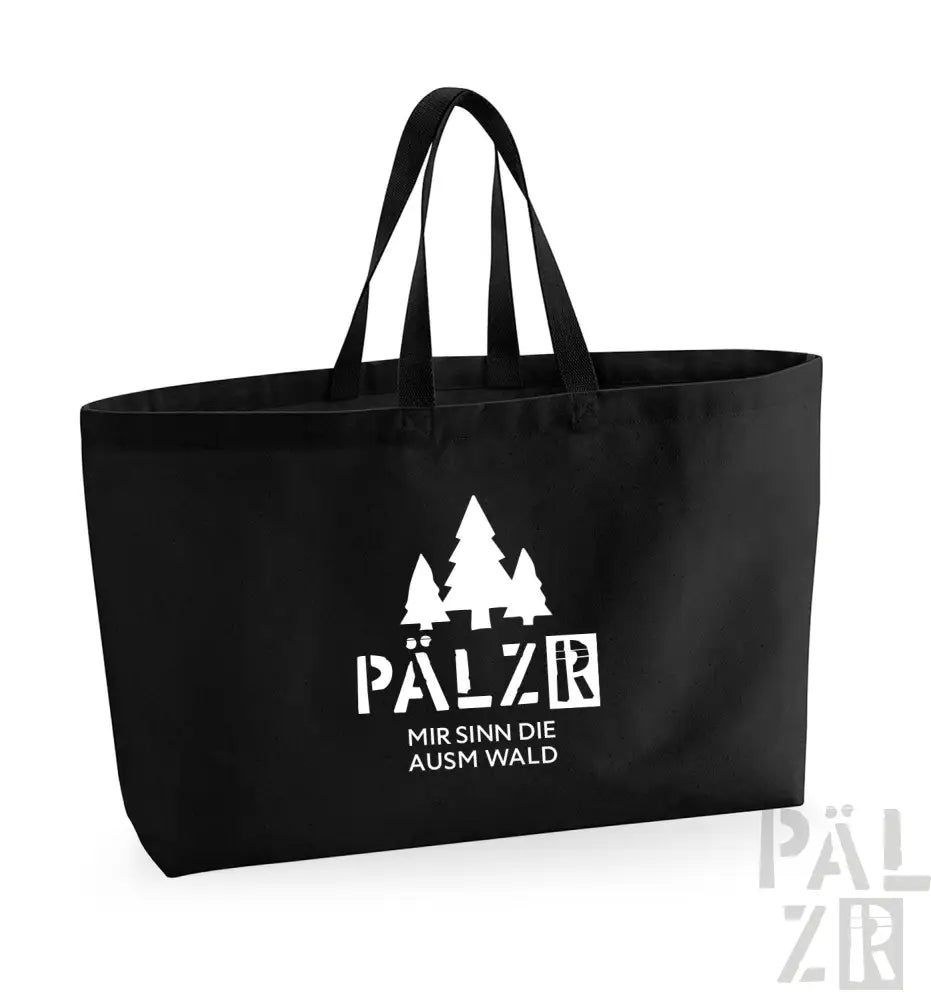 Schwarze Umhängetasche mit weißem Text und Baum-Design, wahrscheinlich aus Canvas oder Polyester gefertigt.