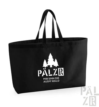 Schwarze Umhängetasche mit weißem Text und Baum-Design, wahrscheinlich aus Canvas oder Polyester gefertigt.