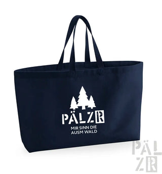 Marineblaue Tragetasche mit weißem Text und Design, mit Silhouette eines Baums.