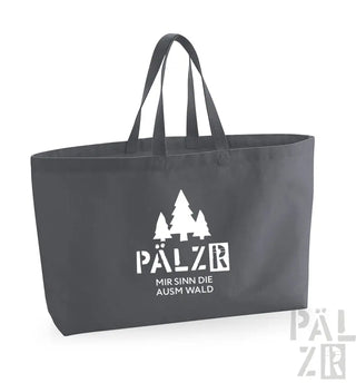 Holentaschen aus Kohle mit weißem Text und Baumdesign, robuste Griffe.