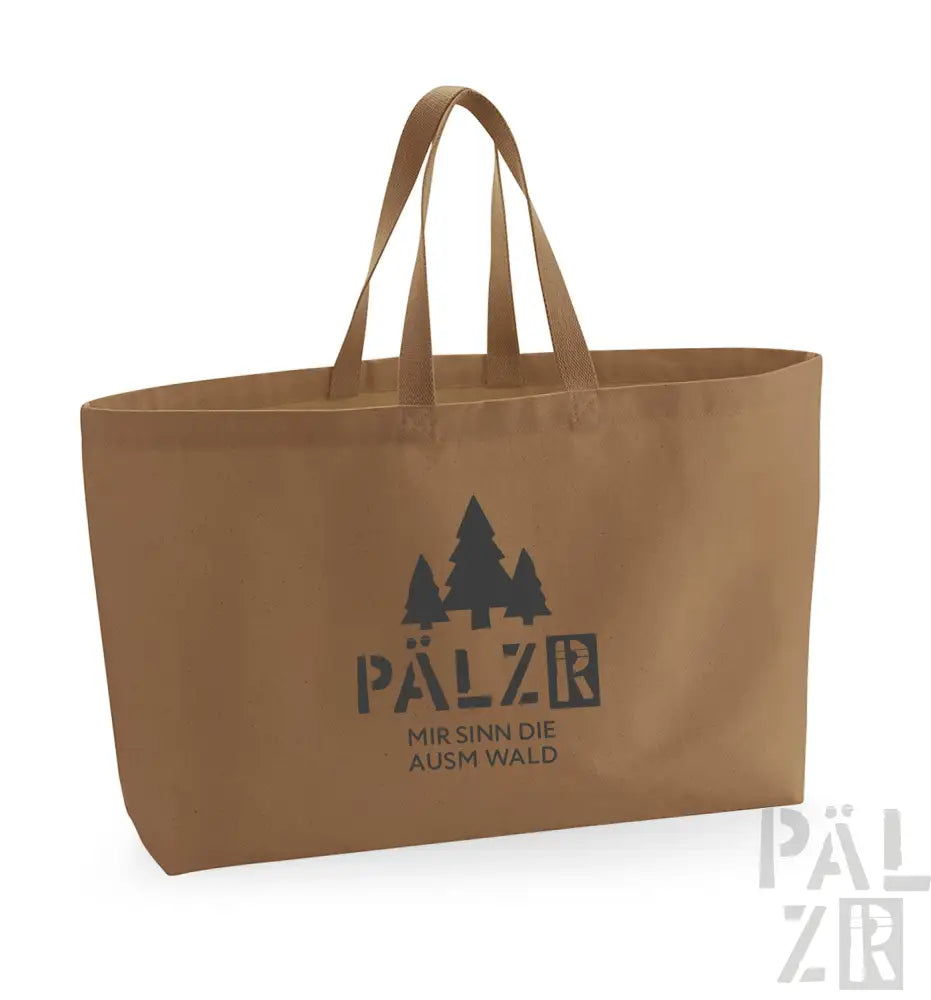 Braune Umhängetasche mit Baum-Design und Text „pälzr“ auf der Vorderseite.