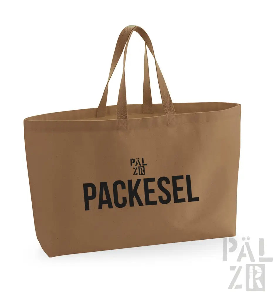 Braune Umhängetasche mit schwarzem Text und Griffen, konzipiert zum Tragen von Gegenständen.