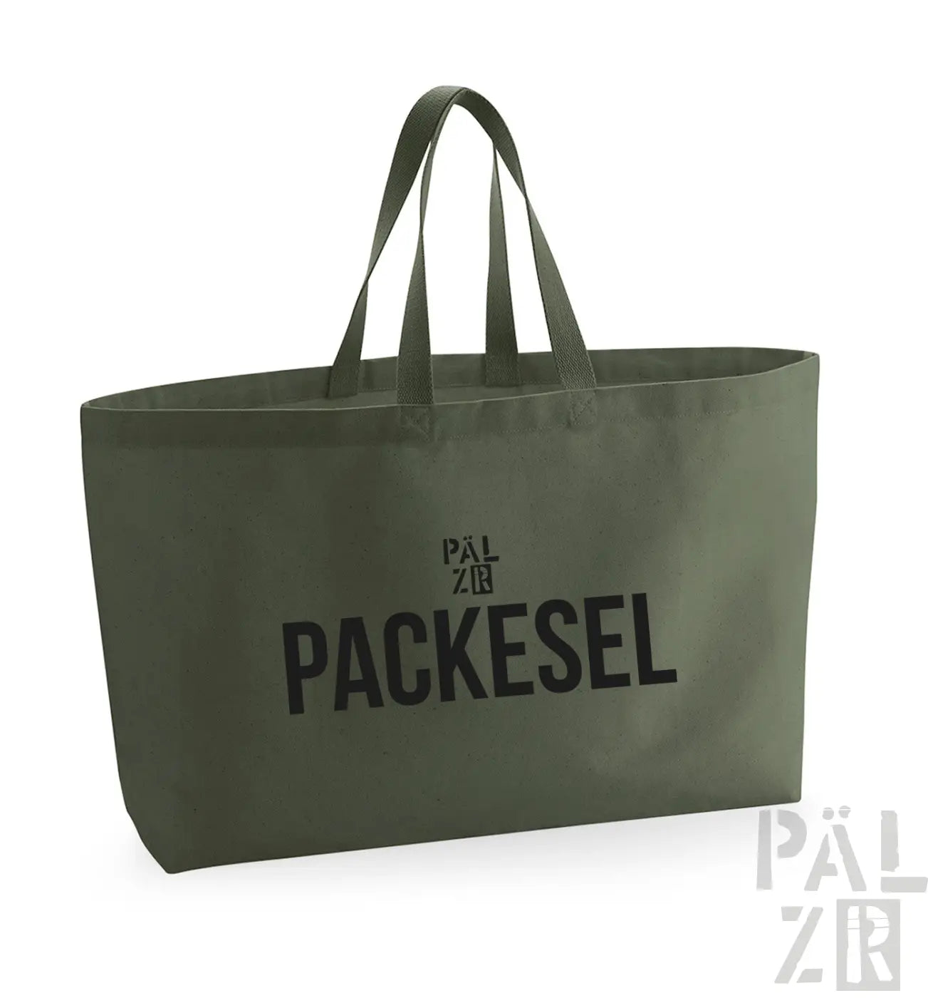 Olivgrüne Tragetasche mit schwarzem Text und Griffen, mit dem Markenlogo ’pälzr’.