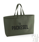 Olivgrüne Tragetasche mit schwarzem Text und Griffen, mit dem Markenlogo ’pälzr’.
