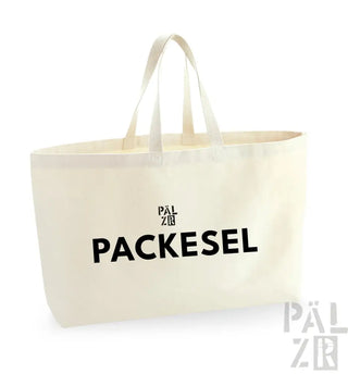 Stofftasche mit Text ’packesel’ und Henkeln, natürliche Farbe.