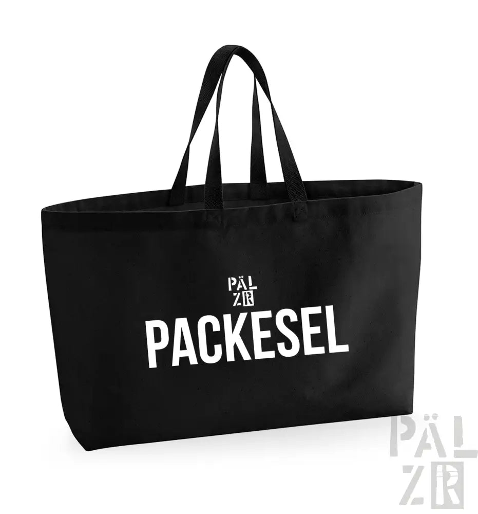 Schwarze Tragetasche mit weißem Text und Logo, die ’packesel’ prominent auf der Vorderseite zeigt.