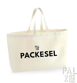 Natürliche Baumwolltasche mit Text und Logo-Design ’Packesel’, cremefarben.