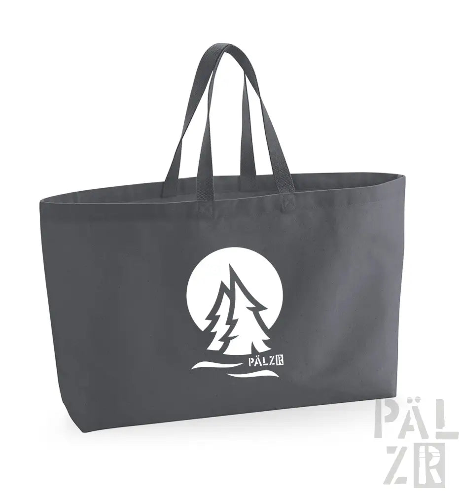 Holentaschen aus Kohle mit weißem Logo und Griffen, mit Baum-Design.