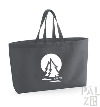 Holentaschen aus Kohle mit weißem Logo und Griffen, mit Baum-Design.