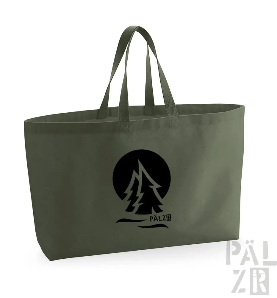 Olivgrüne Tragetasche mit schwarzem Logo und Griffen, die einer pälzr-Marke ähnelt.