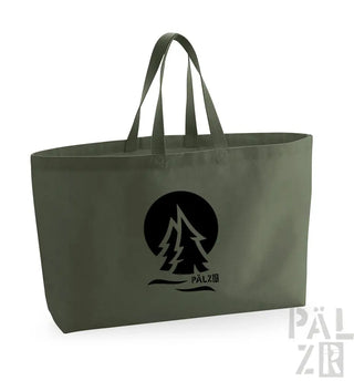 Olivgrüne Tragetasche mit schwarzem Logo und Griffen, die einer pälzr-Marke ähnelt.