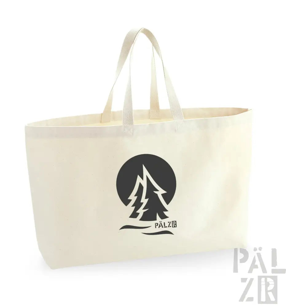 Creme-Tasche mit schwarzem Logo und Griffen, mit Baum-Design.