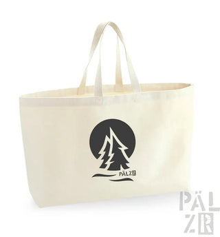 Creme-Tasche mit schwarzem Logo und Griffen, mit Baum-Design.