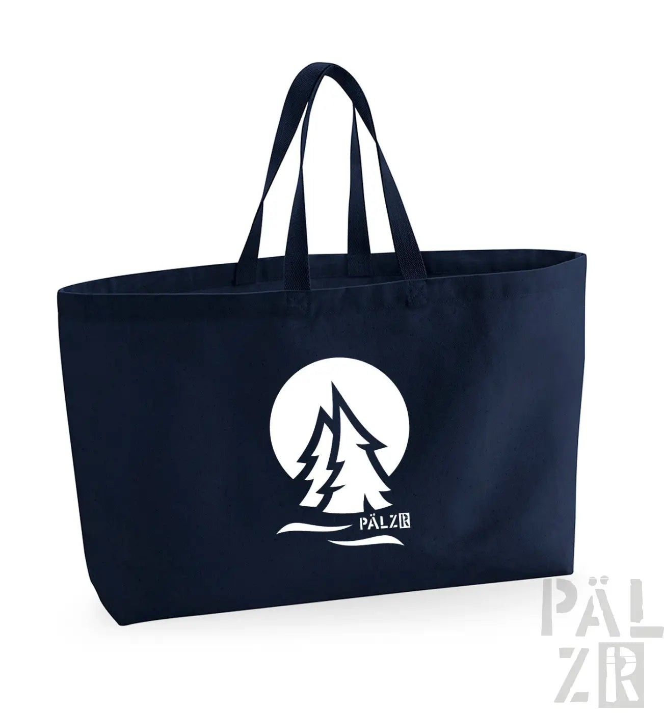 Marineblaue Tragetasche mit weißem Logo und Text, mit einem Baum-Design.