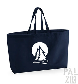 Marineblaue Tragetasche mit weißem Logo und Text, mit einem Baum-Design.
