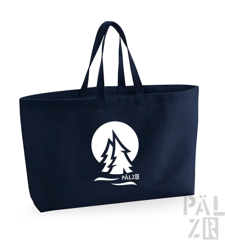 Marineblaue Tragetasche mit weißem Logo und Text, mit einem Baum-Design.