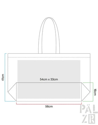 41 cm x 56 cm Tragetasche mit Henkel, weißer Hintergrund und grünem Rand.