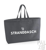 Kohle-graue Umhängetasche mit weißem Text und Logo, mit ’stranddasch’ prominent dargestellt.