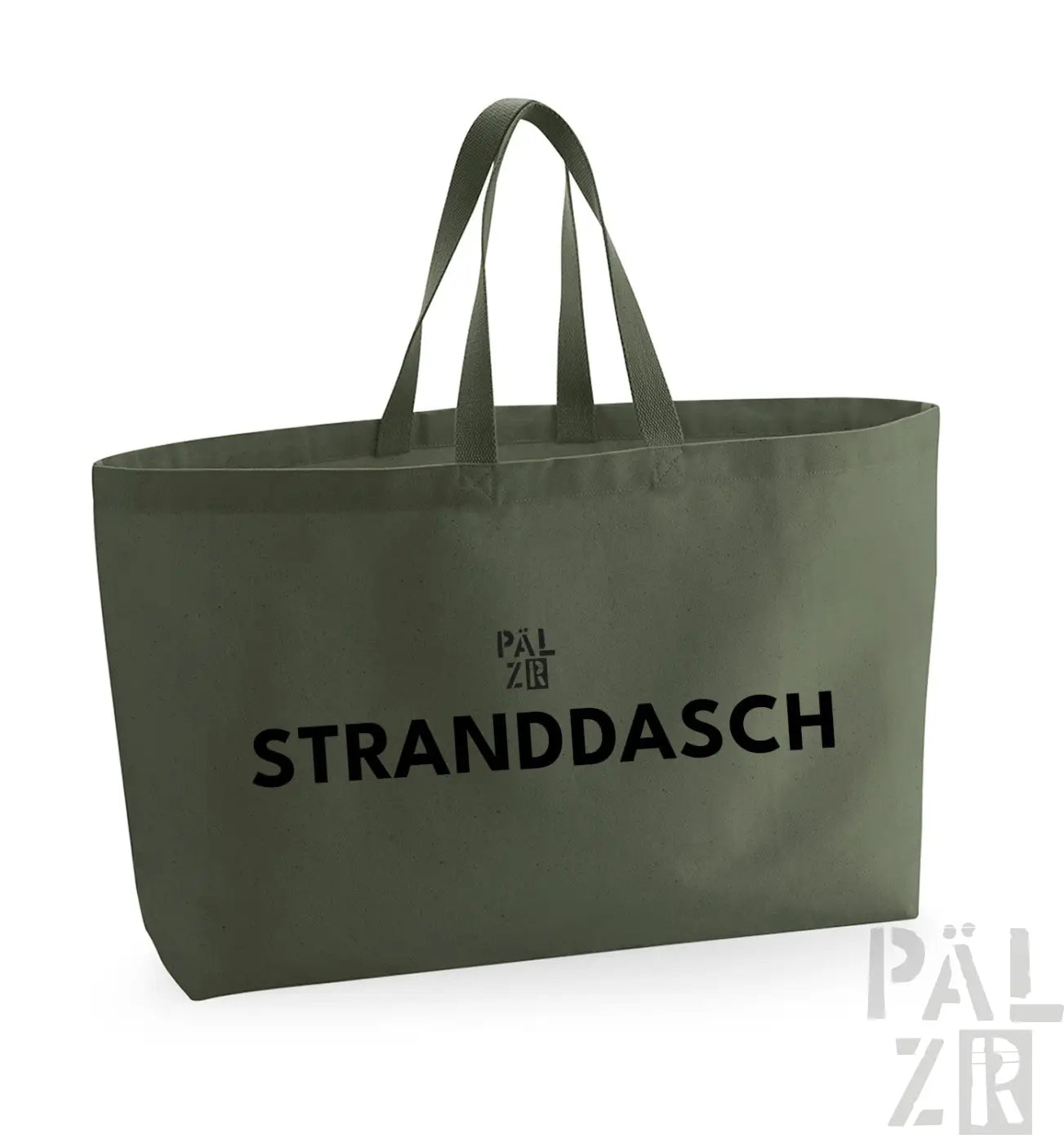 Olivgrüne Tragetasche mit schwarzem Text und Griffen, mit dem Markenlogo ’pälzr’.