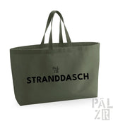 Olivgrüne Tragetasche mit schwarzem Text und Griffen, mit dem Markenlogo ’pälzr’.
