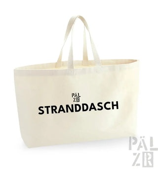 Cremeweiße Tragetasche mit schwarzem Text und Griffen, mit der Marke ’pälzr’ in einer fetten Schrift.