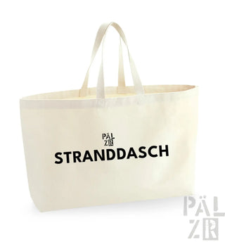 Cremeweiße Tragetasche mit schwarzem Text und Griffen, mit der Marke ’pälzr’ in einer fetten Schrift.