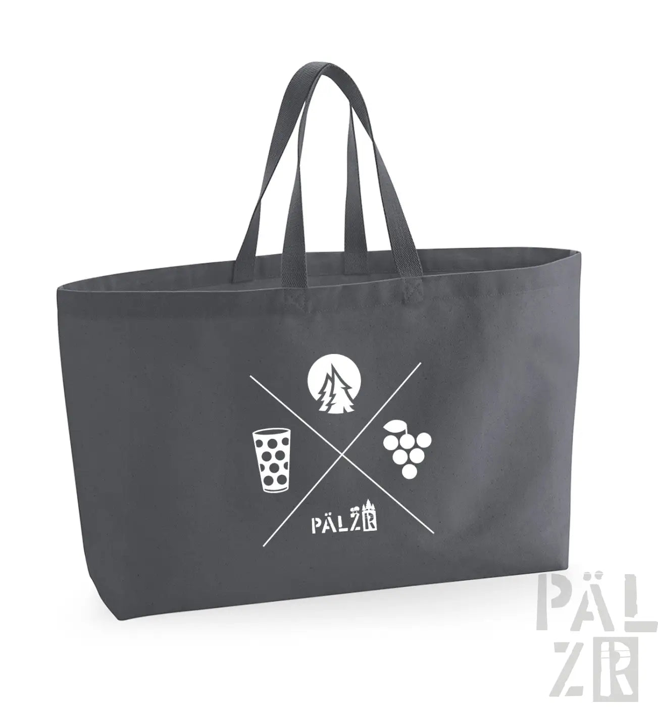 Kohle-Tragetasche mit weißem Kreuz- und Icons-Design, das eine Baum-Silhouette, ein Weinglas und Trauben zeigt.