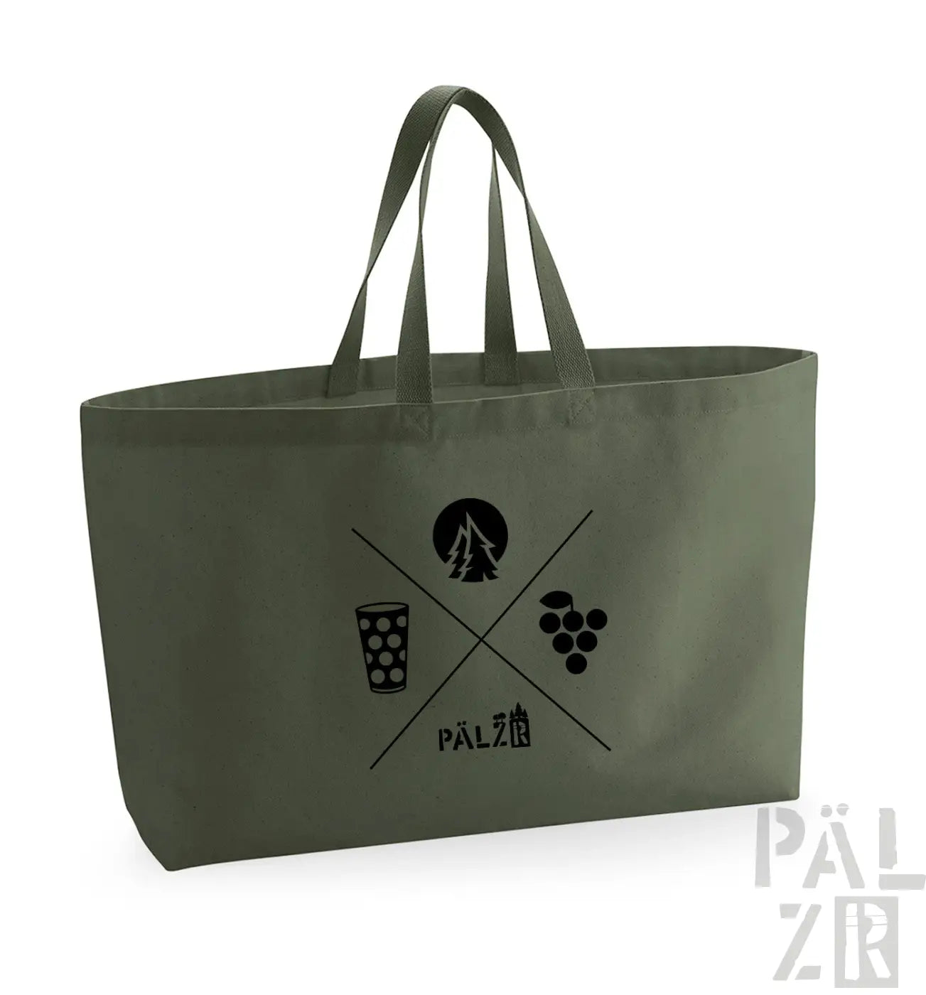 Olivgrüne Umhängetasche mit schwarzem ‚pälzr‘-Logo und Design-Elementen.