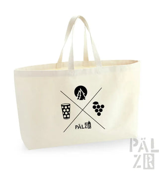 Cremefarbene Tragetasche mit schwarzem Kreuz und Symbolen von Bierglas, Baum, Trauben, ’pälzr’-Logo.