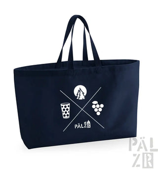 Marineblaue Tragetasche mit weißem Gittermuster und weinbezogenen Symbolen.