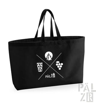 Schwarze Umhängetasche mit weißem Grafikdesign, das ein Lagerfeuer, ein Weinglas und Trauben zeigt.