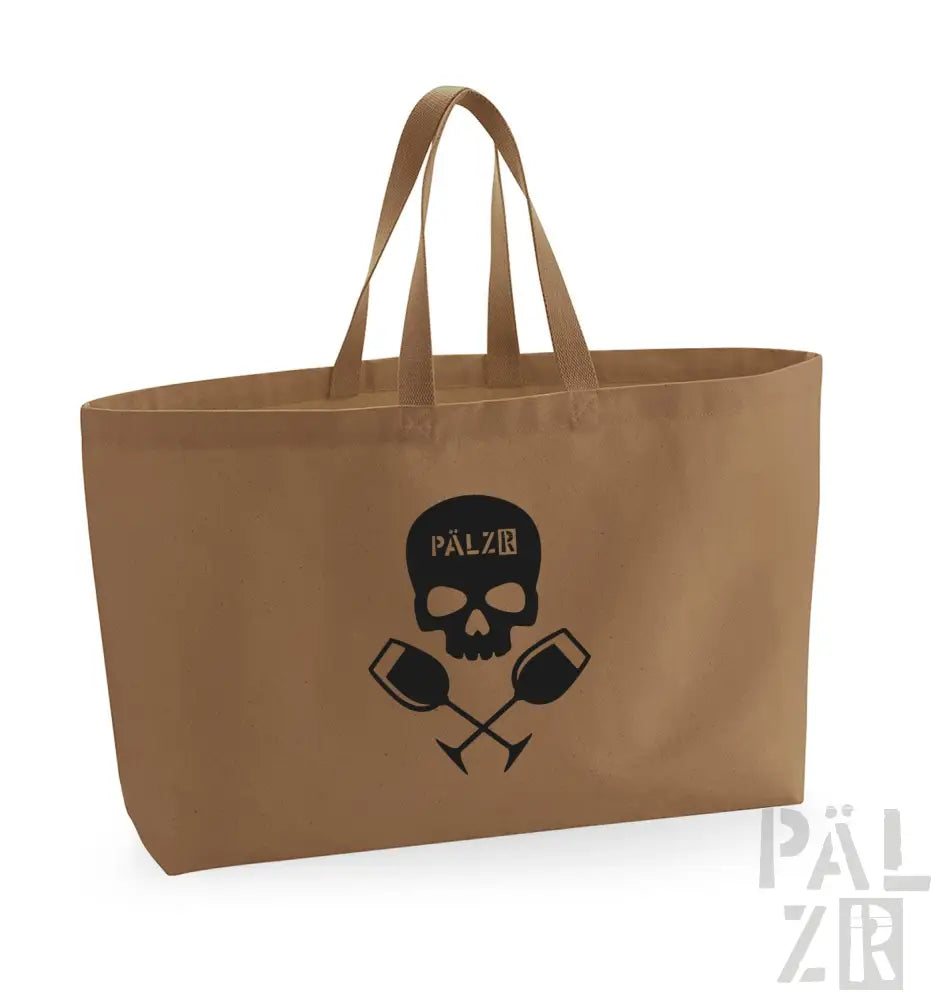 Braune Umhängetasche mit Totenkopf- und Weinglas-Design, aus Canvas-Material.