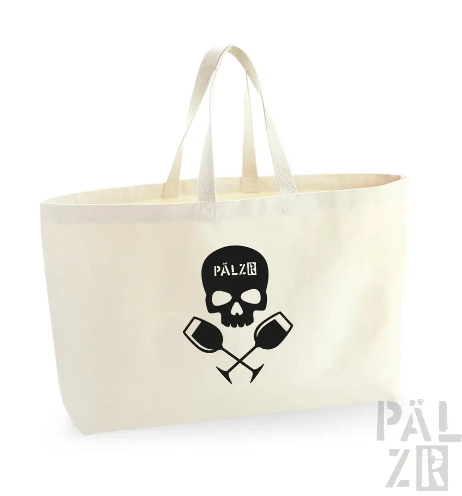 Creme-Farbtasche mit schwarzem Totenkopf- und Kreuzknochen-Design mit gekreuzten Weingläsern, ‚palzr‘-Logo auf dem Schädel.