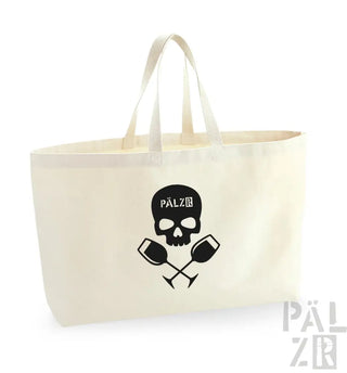 Creme-Farbtasche mit schwarzem Totenkopf- und Kreuzknochen-Design mit gekreuzten Weingläsern, ‚palzr‘-Logo auf dem Schädel.
