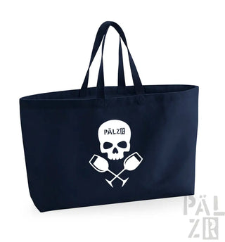 Marineblaue Umhängetasche mit Totenkopf- und Kreuzknochen-Design, weißer Text ’palz’ auf dem Totenkopf.
